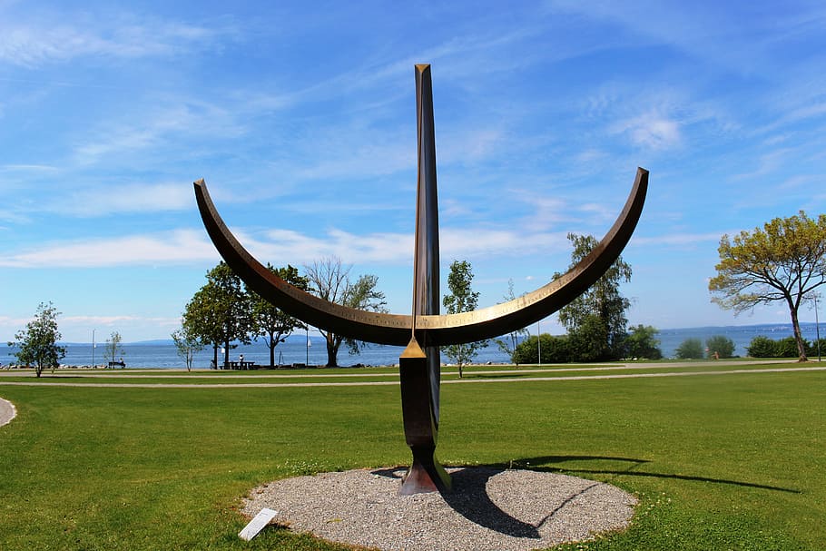 time, clock, sundial, standing, lake, bank, mood, lake constance HD wallpaper