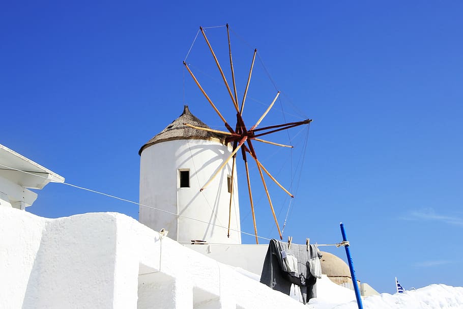 santorini, windmill, white, sky, holiday, cyclades, cyclades Islands HD wallpaper