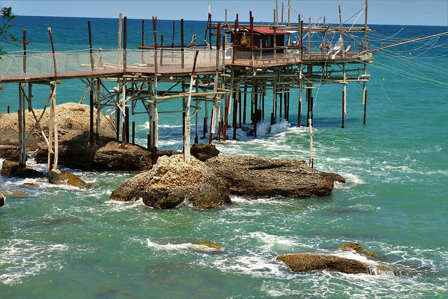 fisherman's hut, web, sea, water, boardwalk, by the sea, bridge, HD wallpaper
