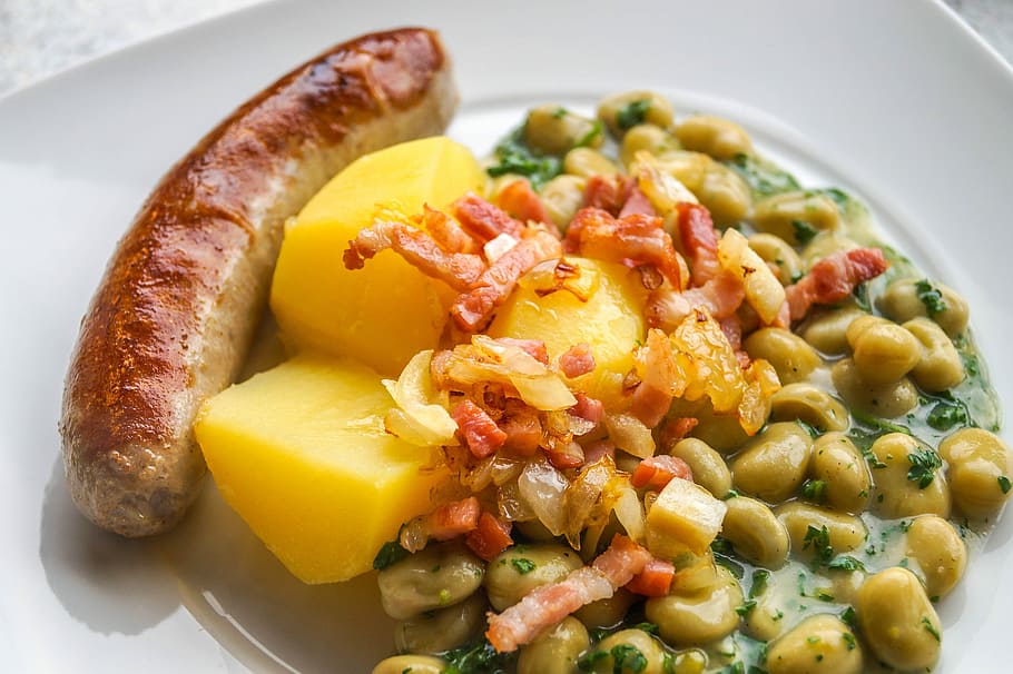 Beans, Bratwurst, Potatoes, Eat, Lunch, delicious, sausages HD wallpaper