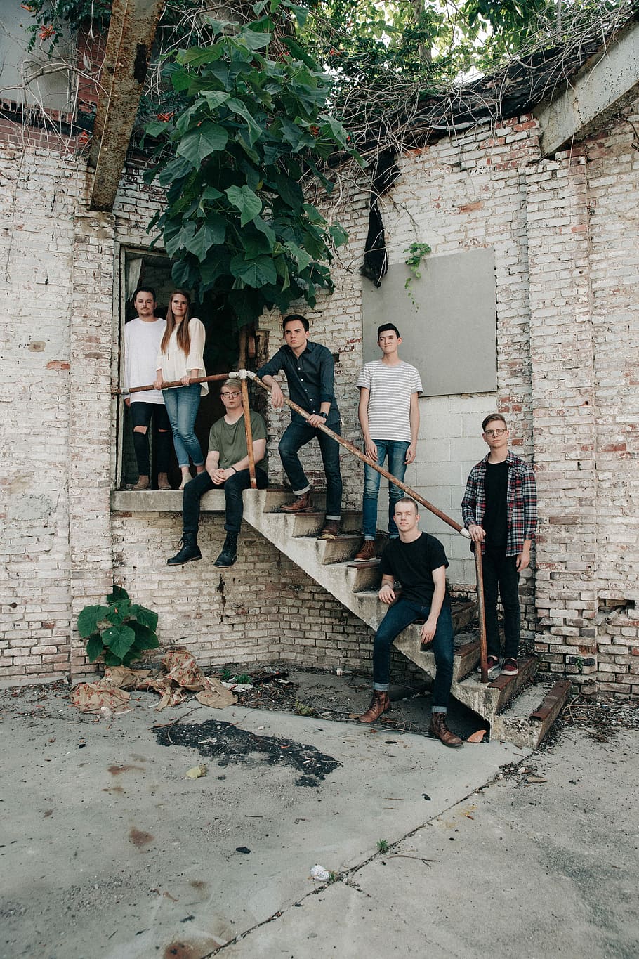 six men and a woman standing on stair white taking picture, group of men and one woman standing and sitting on stairs HD wallpaper