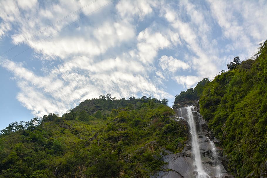clouds, daylight, falls, forest, grass, landscape, mountain HD wallpaper