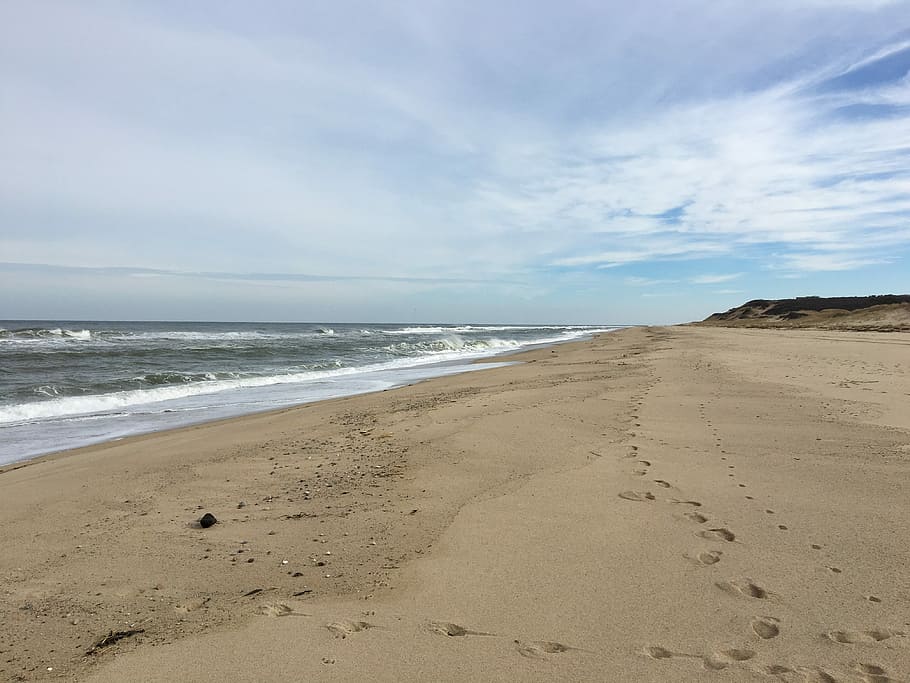 Footprints, Beach, Dunes, Waves, sky, water, seashore, seaside HD wallpaper