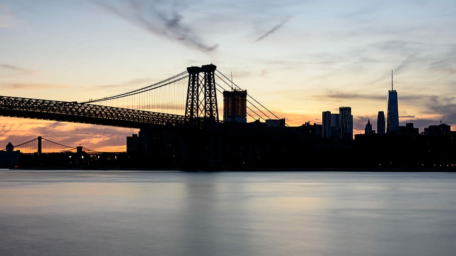 silhouette photograph of bridge and city buildings, silhouette of bridge HD wallpaper