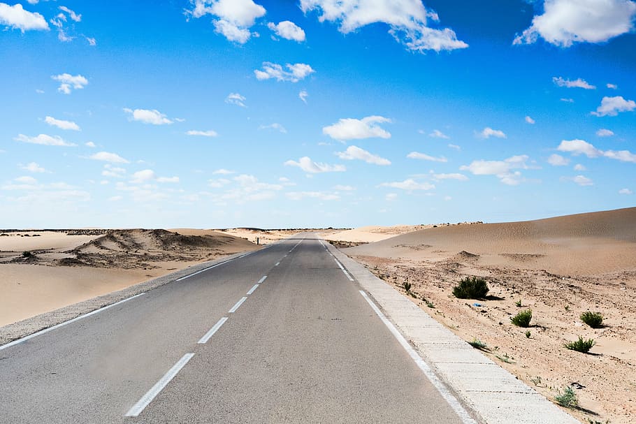 gray concrete road on desert, blue, sky, clouds, travel, landscape HD wallpaper