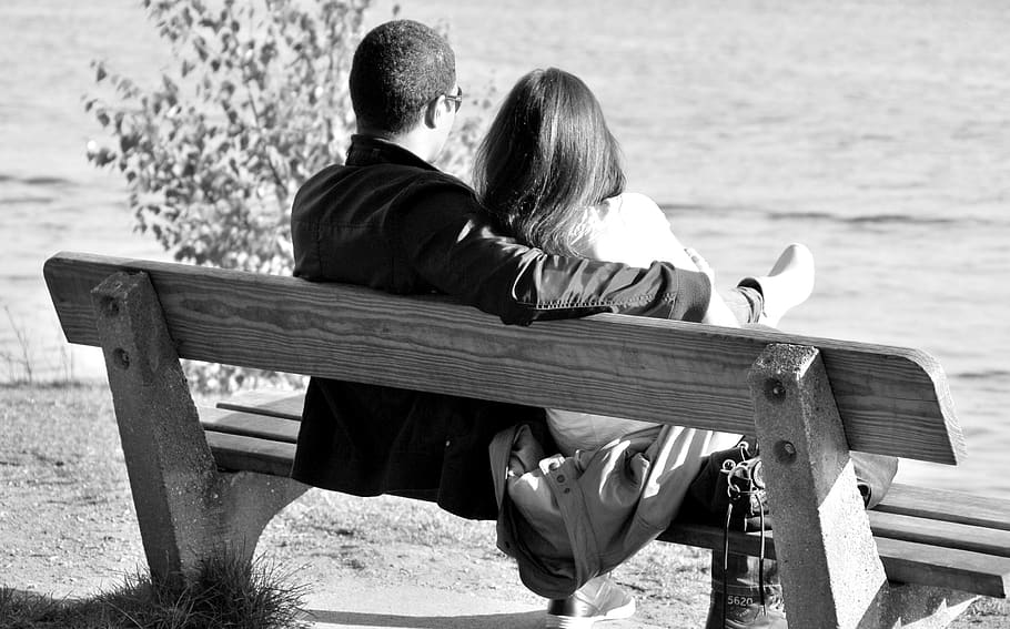 spring, hamburg, alster, pair, two people, bench, togetherness