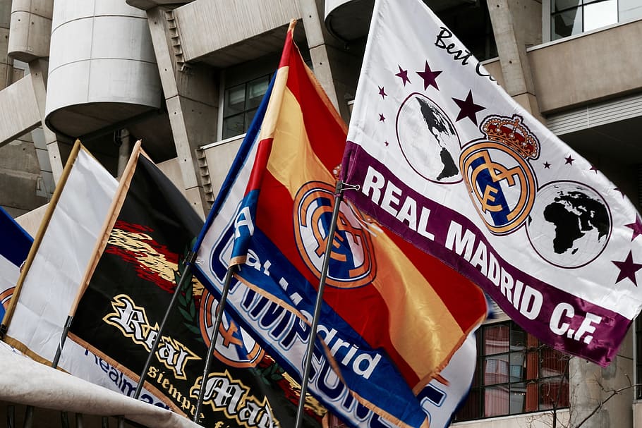 assorted flags, Football, Real Madrid, Soccer, Bernabéu, editorial