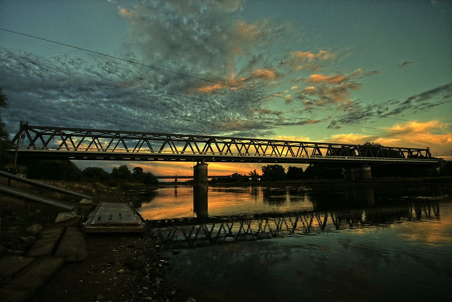 evening, sunset, water, elbe, river, dusk, clouds, sky, landscape HD wallpaper