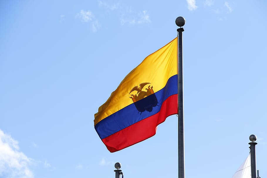 blue, yellow, and red flag waving on pole during daytime, Ecuador HD wallpaper