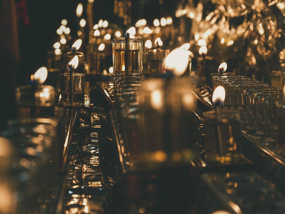 lighted candles, assorted lights on park, bar, drinks, glassware HD wallpaper