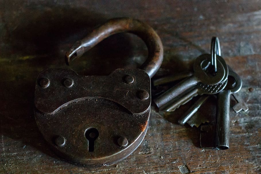 brass padlock and keys, castle, close, rusty, guard, security
