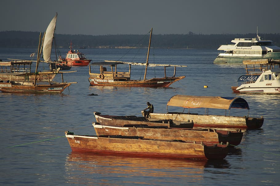port, sunset, tanzania, dhow boats, nautical Vessel, sea, water, HD wallpaper