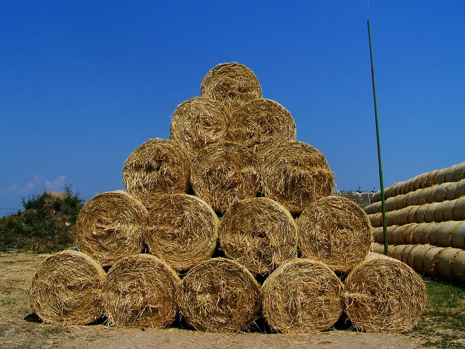 straw bales, pyramid, summer, hay, sky, clear sky, nature, field HD wallpaper