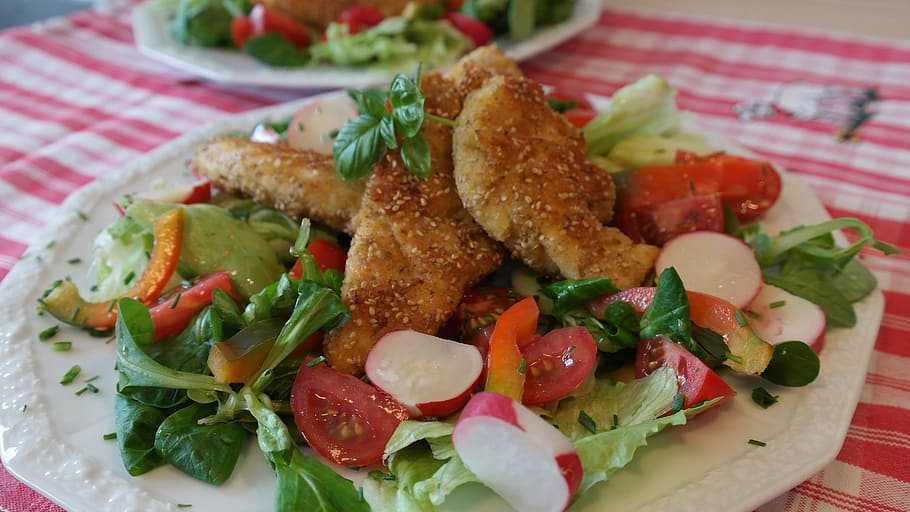vegetable salad on plate, chicken breast, food, healthy meal, HD wallpaper