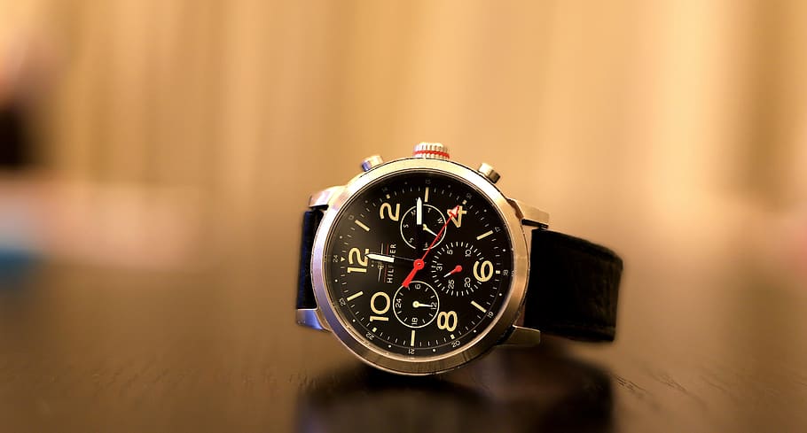 round silver-colored chronograph watch with black band at 12:14 HD wallpaper