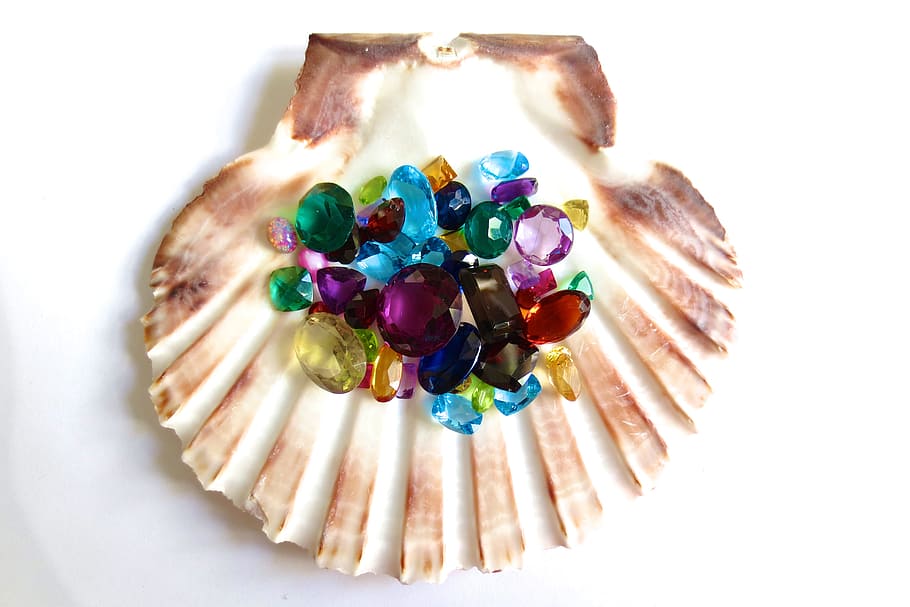 flat lay photography of rhinestones on top of clam shell, Gemstones, HD wallpaper