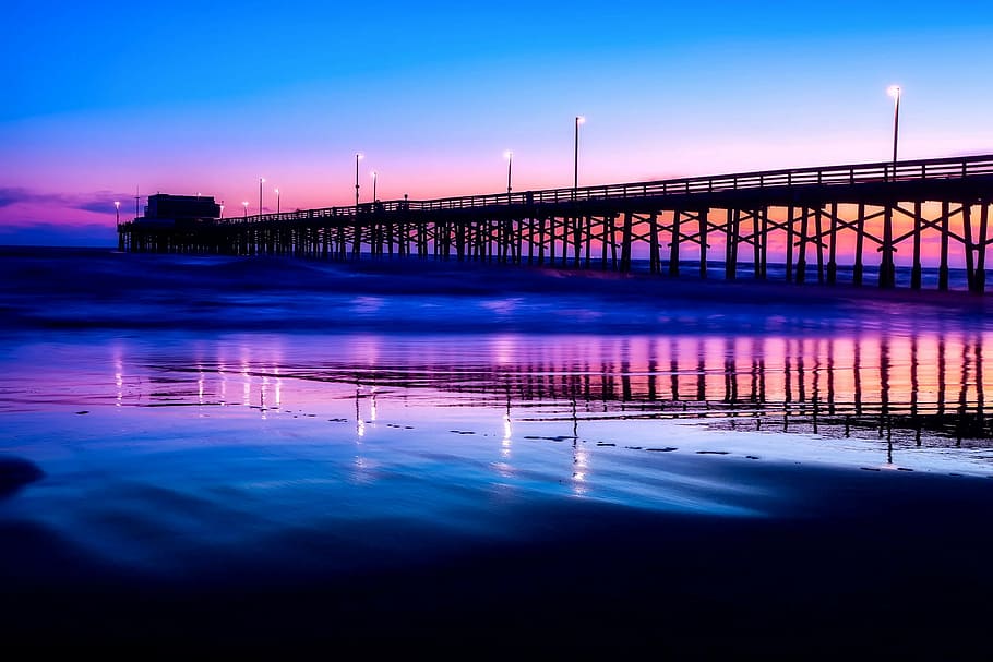 bridge under clear blue sky, newport beach, california, sunset