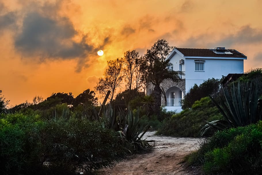 sunset, house, path, sky, clouds, trees, evening, landscape HD wallpaper