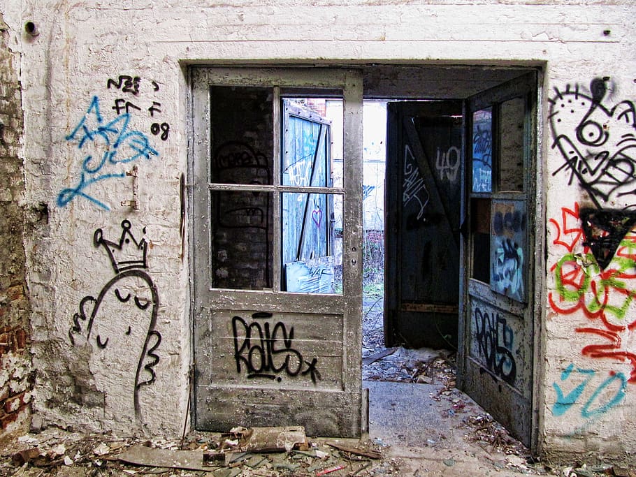 opened black wooden half-lite door, factory, building, old HD wallpaper