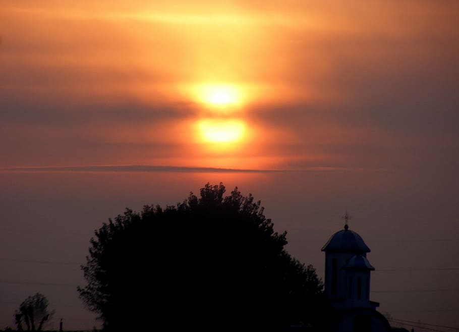 sun, cloud, sky, red, church, tree, fire, sunset, dusk, silhouette HD wallpaper