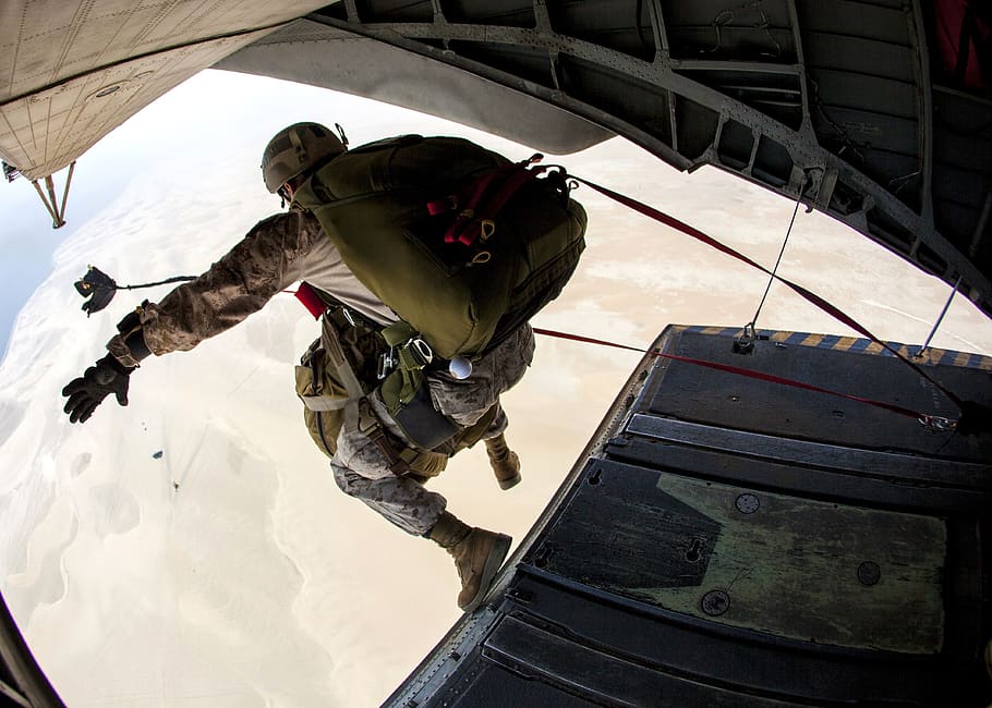 skydiving, jump, marine, helicopter, falling, parachuting, military, HD wallpaper