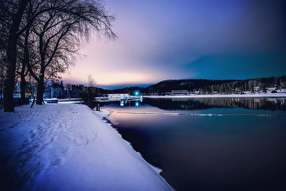 calm waters, clouds, cold, dawn, dusk, evening, frost, frozen HD wallpaper