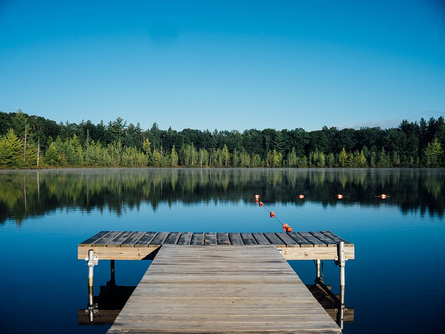 dock on body of water, grey, brown, wooden, near, lake, reflection HD wallpaper