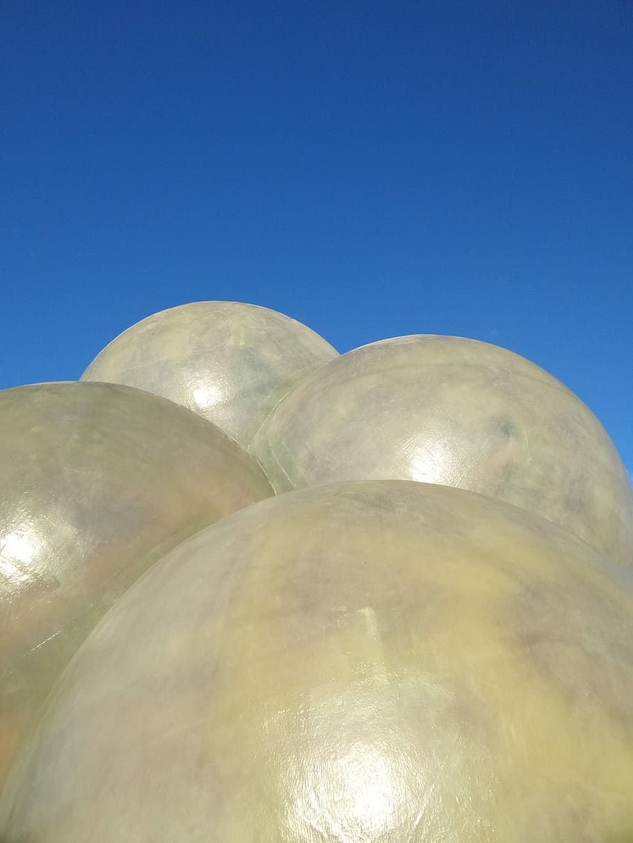 Bubbles, Blue, Sky, Sky, Art, Sculpture, modern, yellow, balls HD wallpaper