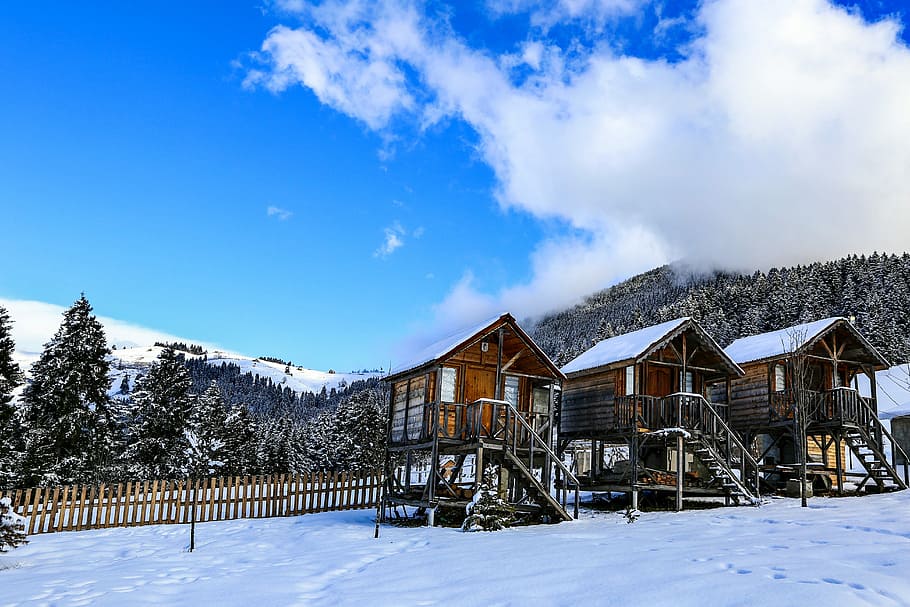 Snow, White, White Clouds, Home, winter, cold temperature, log cabin HD wallpaper