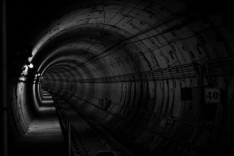 grayscale photo train subway, train tunnel with railway, dark HD wallpaper