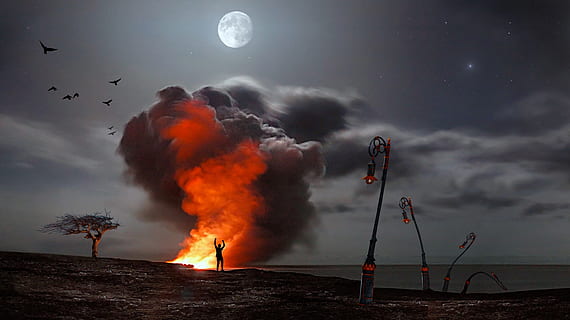 silhouette of person standing near flame under full moon digital wallpaper HD wallpaper