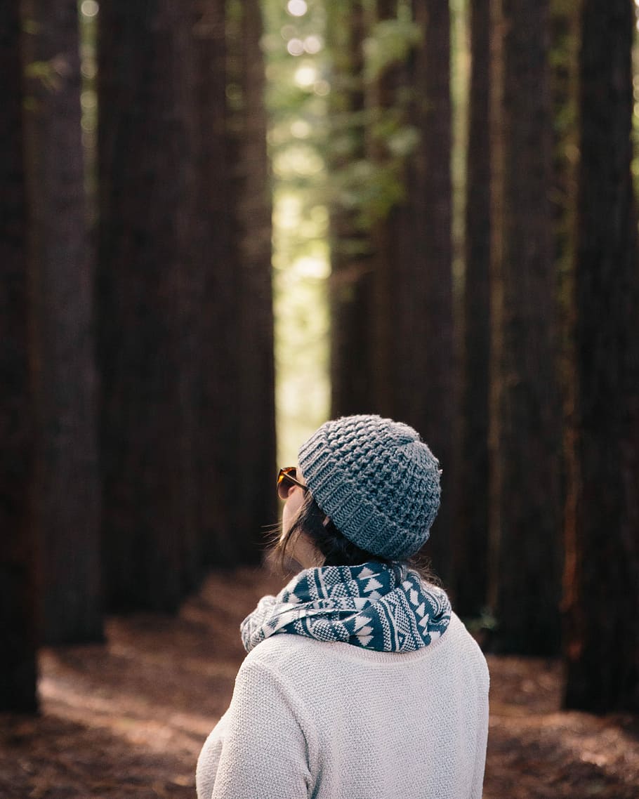 depth of field photography of back view of person standing on woods, woman standing in the middle of a forest, HD wallpaper