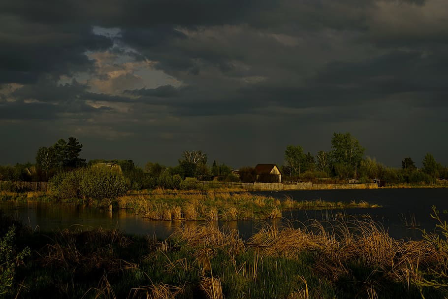 evening, lake, house, nature, rural Scene, landscape, cloud - sky HD wallpaper