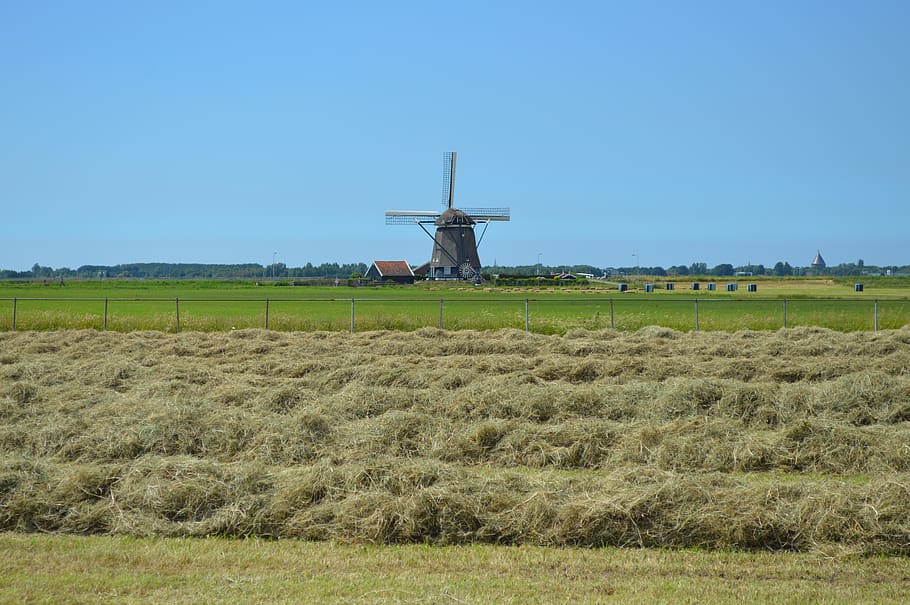 mill, landscape, air, blue, environment, field, rural scene HD wallpaper