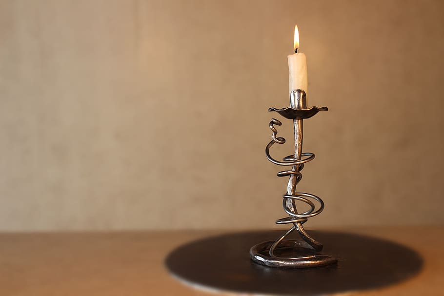 candle on stainless steel stand, candlestick, forging, metal HD wallpaper