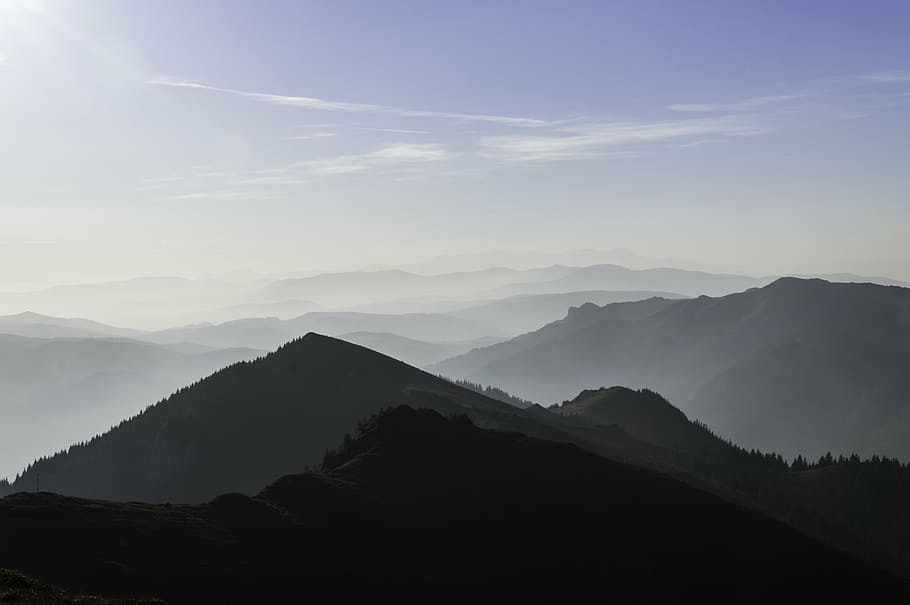 silhouette of mountain, cloud, sky, sunlight, spring, forest HD wallpaper
