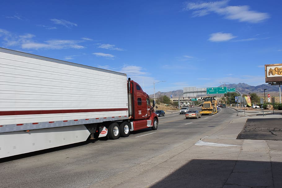 red truck on road, path, transportation, mode of transportation HD wallpaper