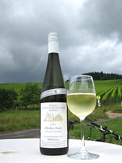 wine bottle beside wine glass, white wine, sky, clouds, nature HD wallpaper