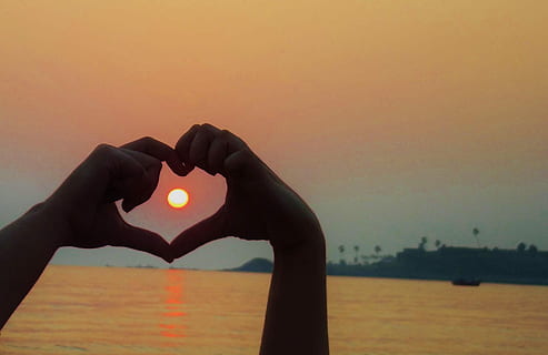 silhouette of hand heart symbol, love, summer, shape, sign HD wallpaper