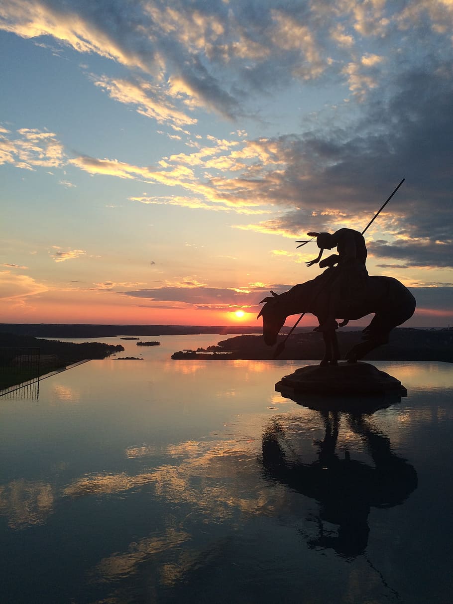 silhouette photo of statue in lake during sunset, Sunset, Lake HD wallpaper