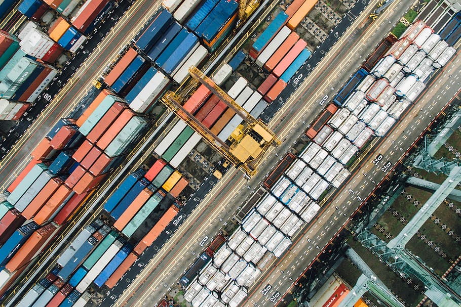aerial photography of cargo trailers, container, van, export HD wallpaper