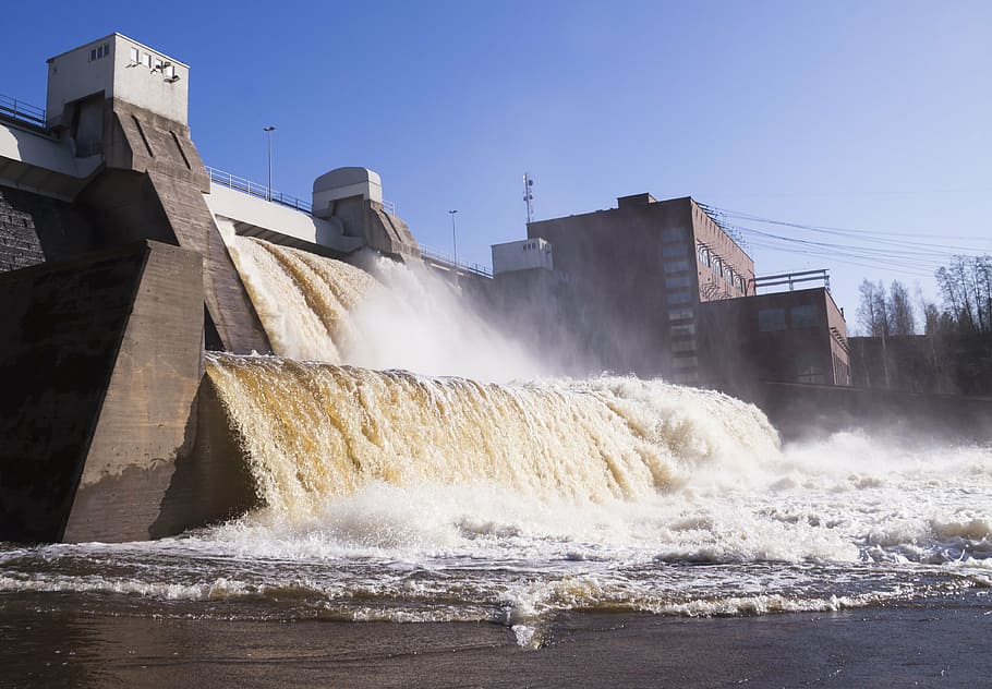 power plant, zone, dam, waterfall, flow, foam, fog, splutter HD wallpaper