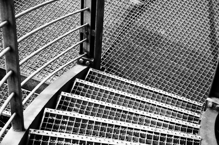 grayscale photo of a stairs, metal, grid, gradually, railing HD wallpaper