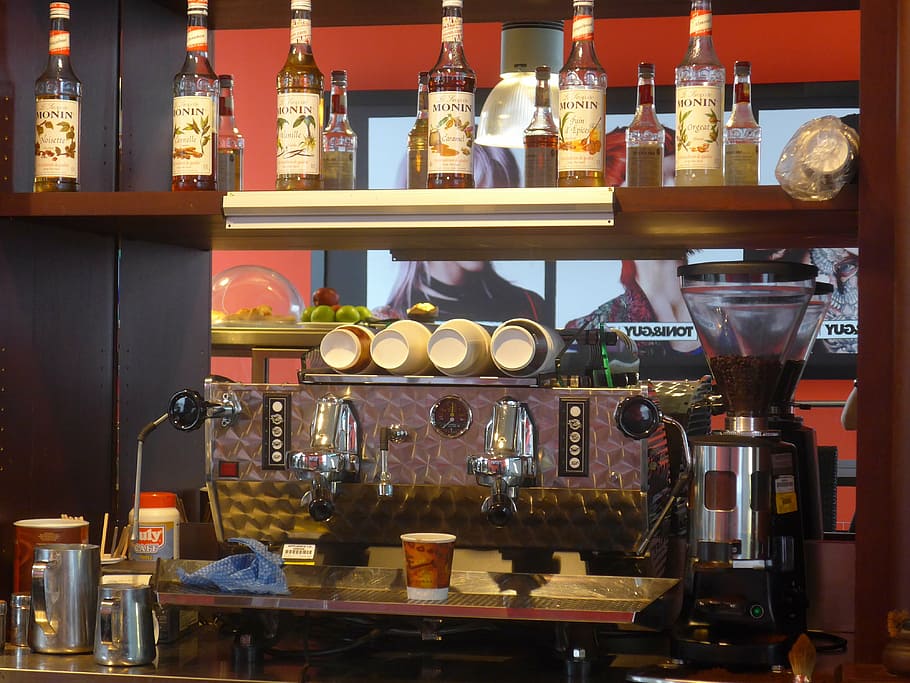 bar, local, counter, coffee machine, container, food and drink HD wallpaper