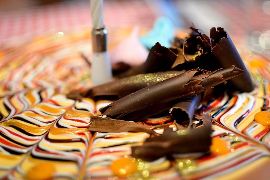 chocolate, orange, cake, candle, delicacy, sugar, meal, selective focus HD wallpaper