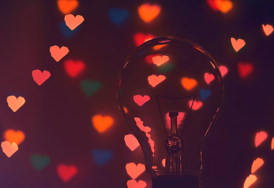 Photo of Illuminated Hearts Around the Light Bulb, abstract, blur HD wallpaper