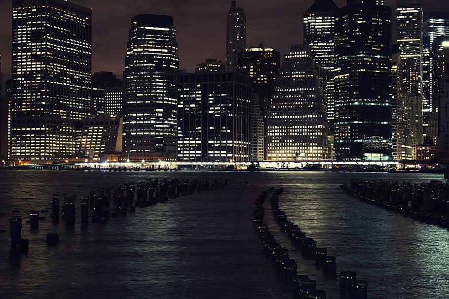 night photography, manhattan, new york city, skyscrapers, night lights