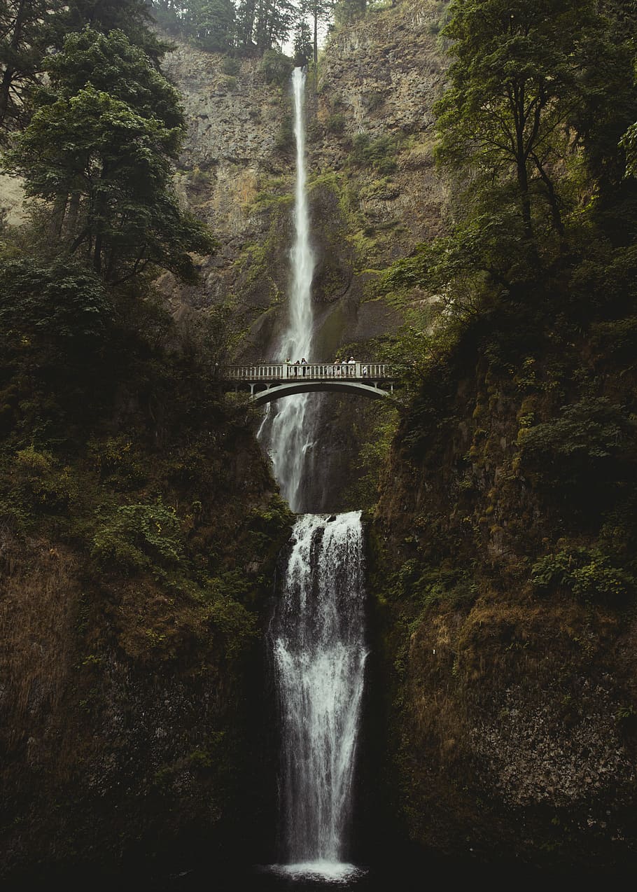 bridge crossing falls, water, mist, spray, structure, waterfall HD wallpaper