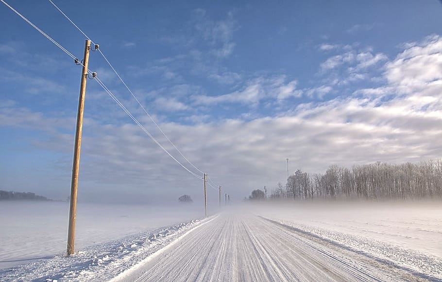 winter, road, mist, snow, sky, clouds, landscape, view, cold temperature HD wallpaper