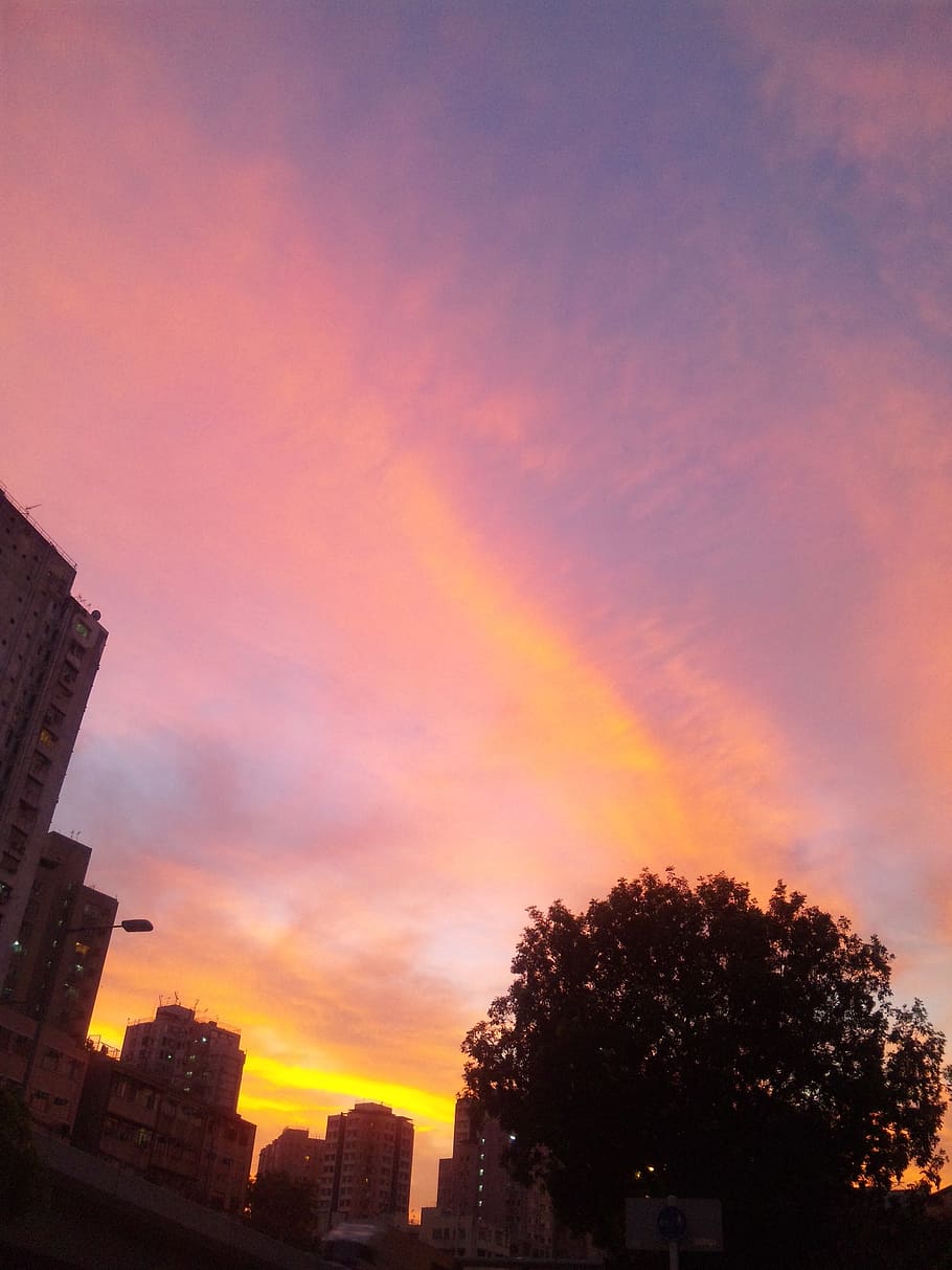 hongkong, sky, sunset, clouds, red, pink, orange, architecture HD wallpaper
